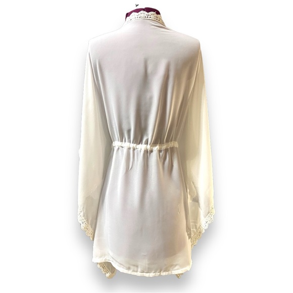 Ivory Sheer Lace Trim Boho Kimono Cardigan Tie Waist Open Front - Picture 4 of 8